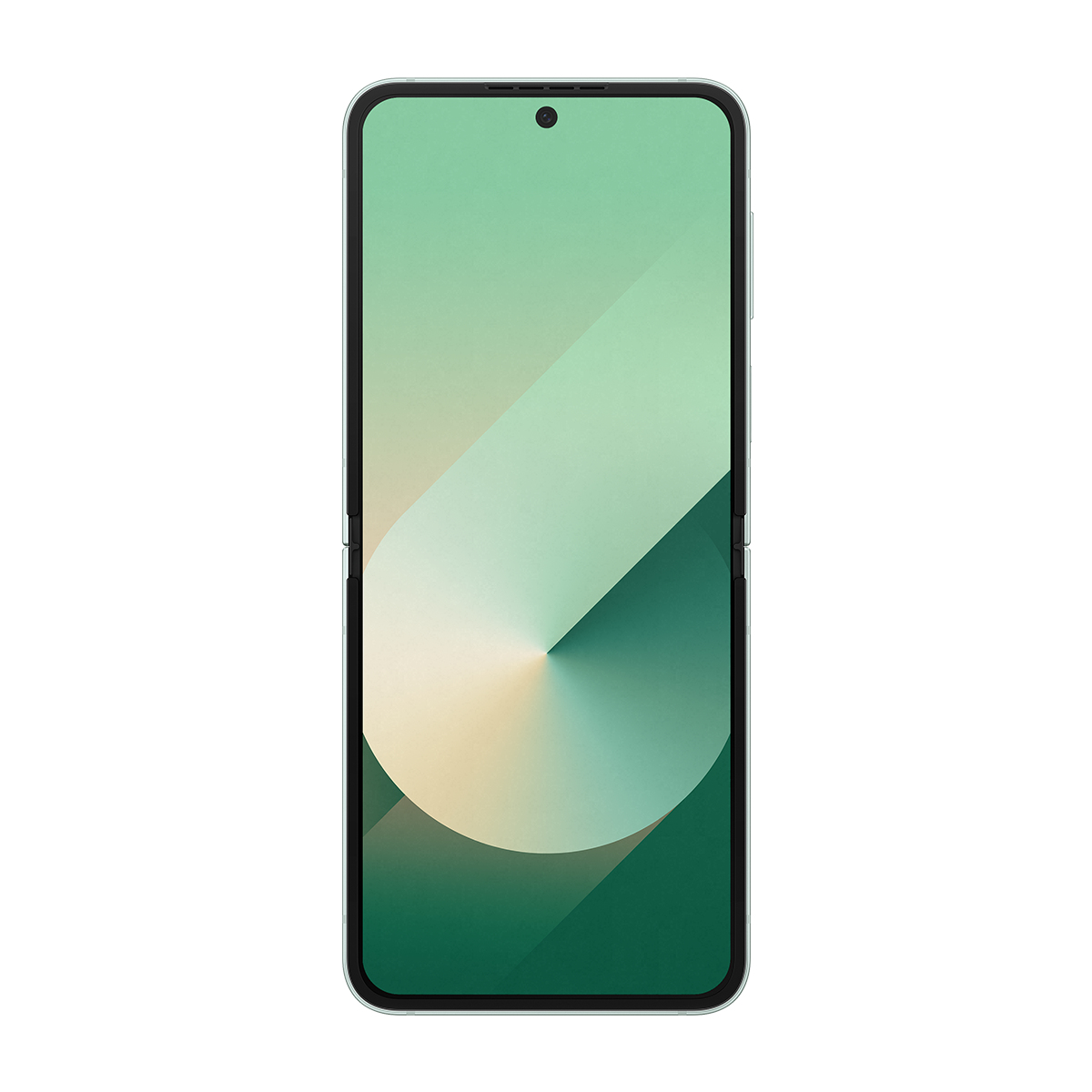 Gradient yeşil ekranlı bir akıllı telefon. Ekran soyut şekiller gösteriyor. Telefonun siyah bir çerçevesi ve gümüş bir çerçevesi var.