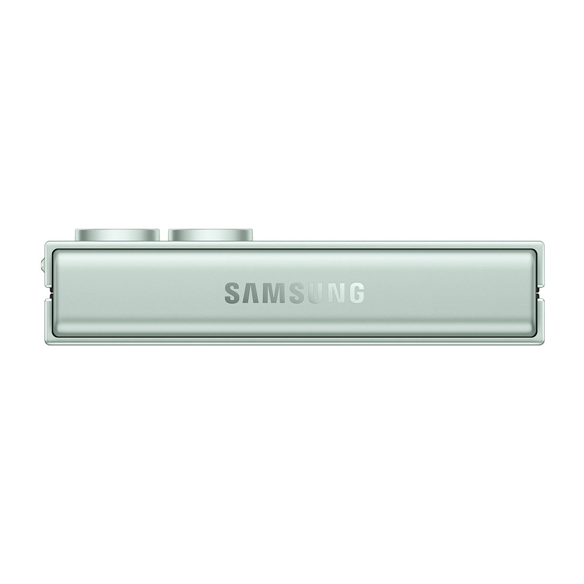 İki yuvarlak düğmeli ve Samsung logosu olan nane yeşili bir Samsung cihazı. Beyaz bir arka plan üzerinde.