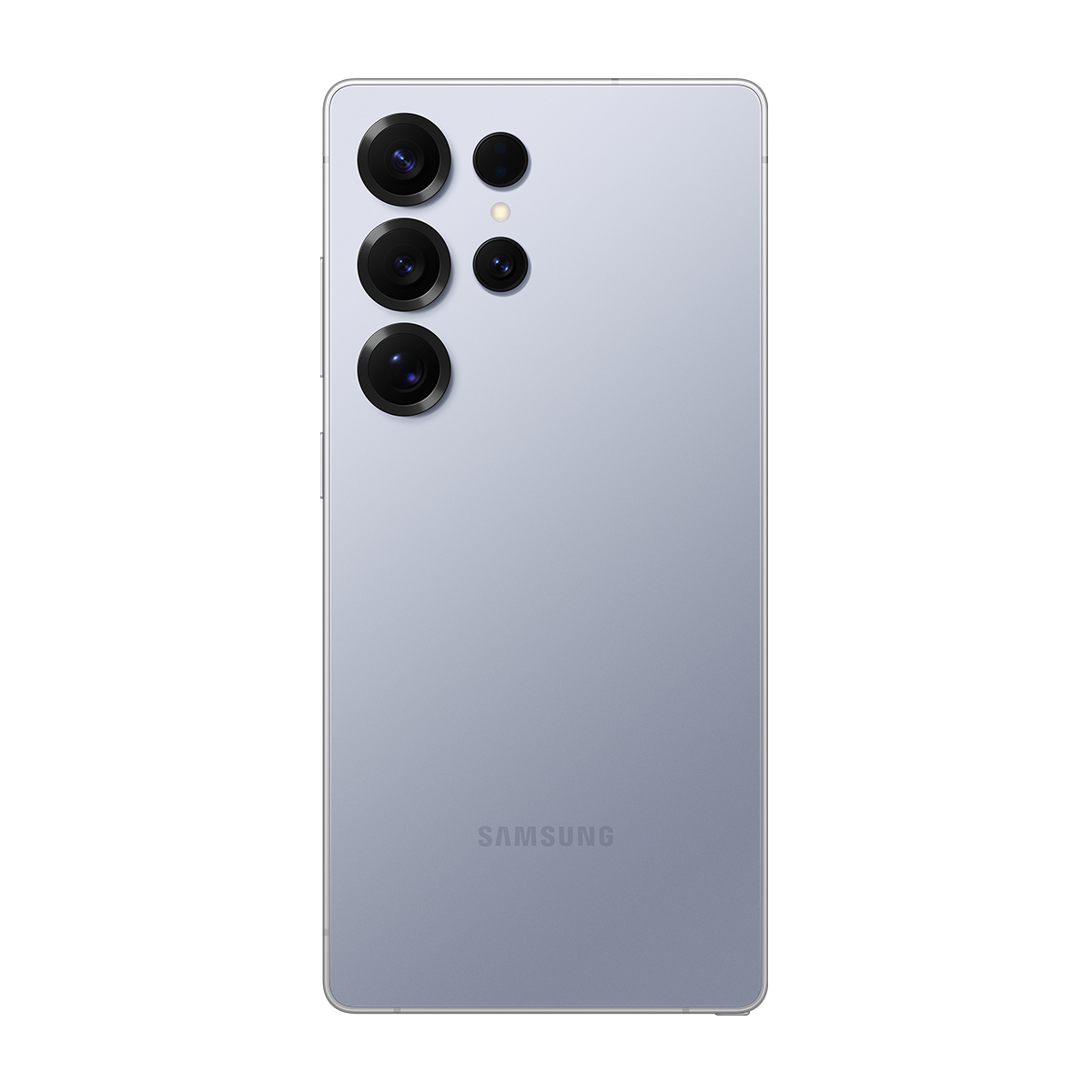 Çoklu kameralı, açık mavi bir Samsung telefonun arkası. Samsung logosu altta, ortalanmış. Telefon beyaz zemin üzerinde.