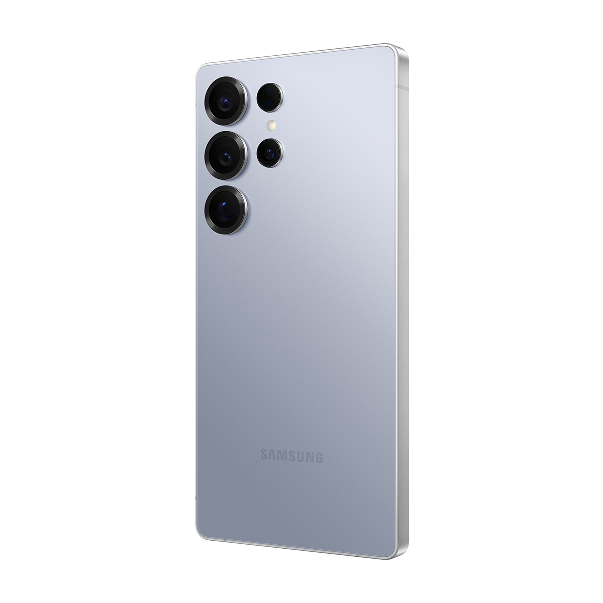 Çoklu kamera lenslerine sahip açık mavi bir Samsung telefonu görüntüleniyor. Telefonun gümüş bir çerçevesi ve Samsung logosu var.