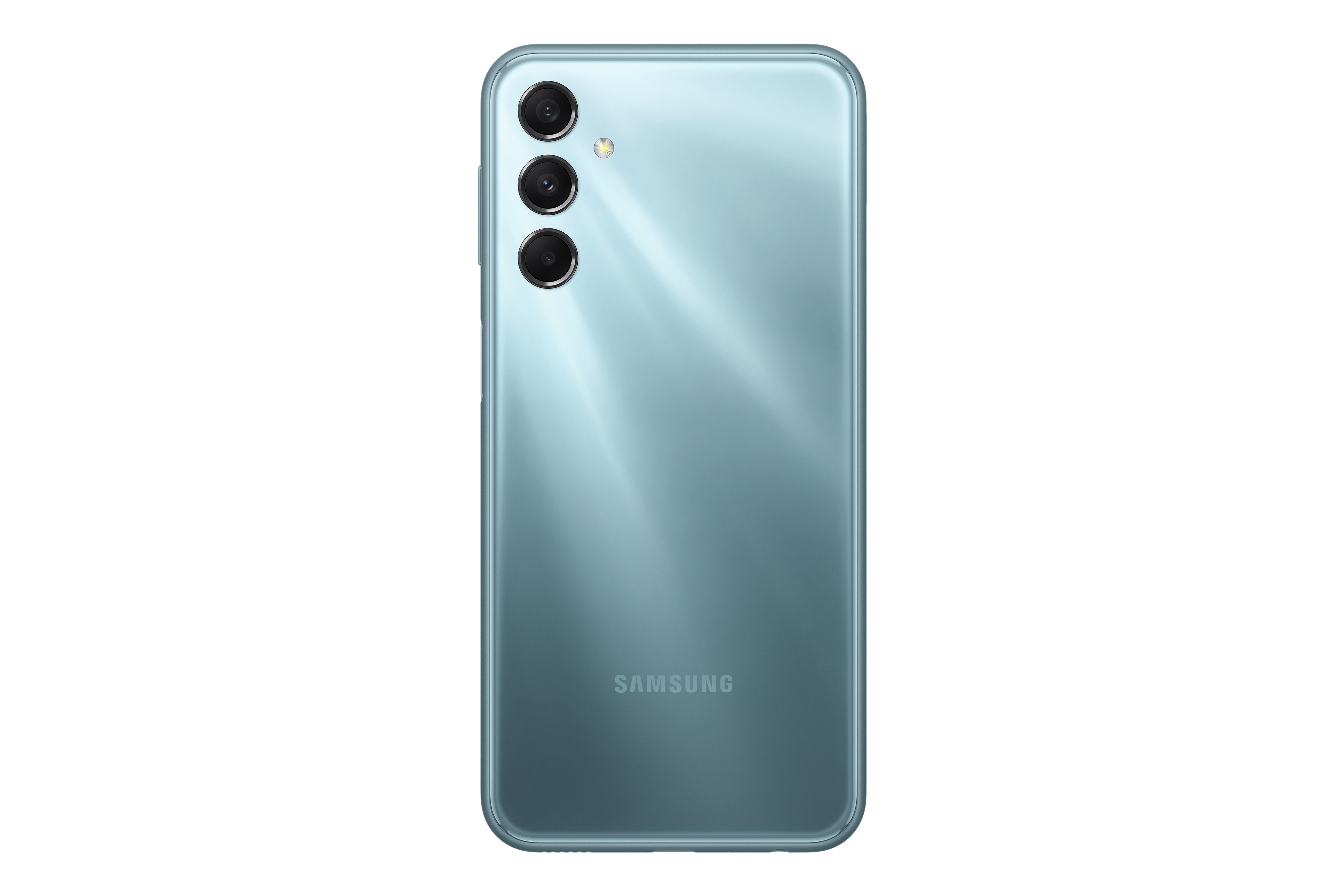 Mavi bir Samsung telefonun arkası. Üç kamera görülebilir. Samsung logosu altta yer almaktadır.