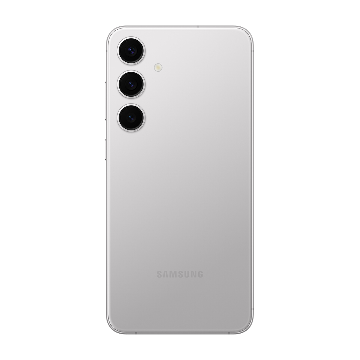 Gümüş renkli bir akıllı telefonun arkası. Sol üstte üç dikey kamera ve altta Samsung logosu bulunuyor.