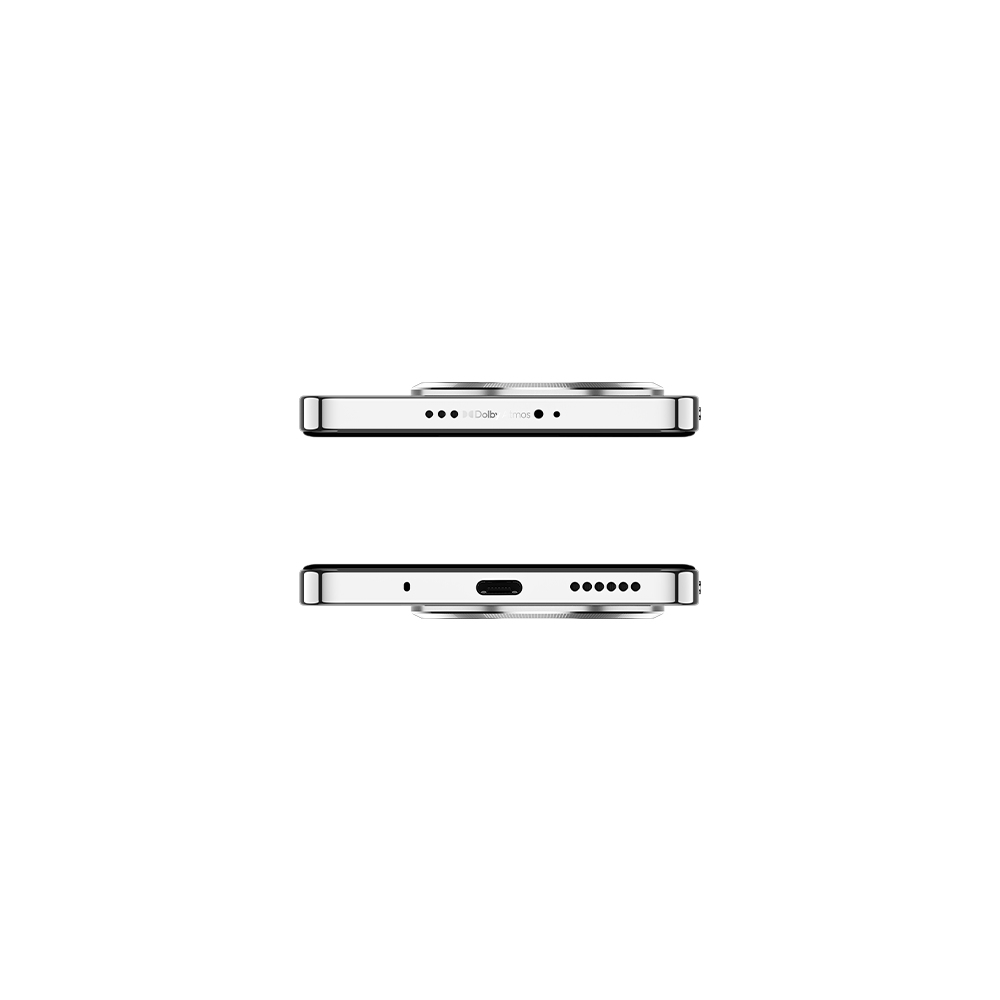 Gümüş bir akıllı telefonun iki görünümü. Üstten görünüm hoparlörleri ve Dolby Atmos logosunu gösterir. Alttan görünüm USB-C bağlantı noktasını ve hoparlörleri gösterir.