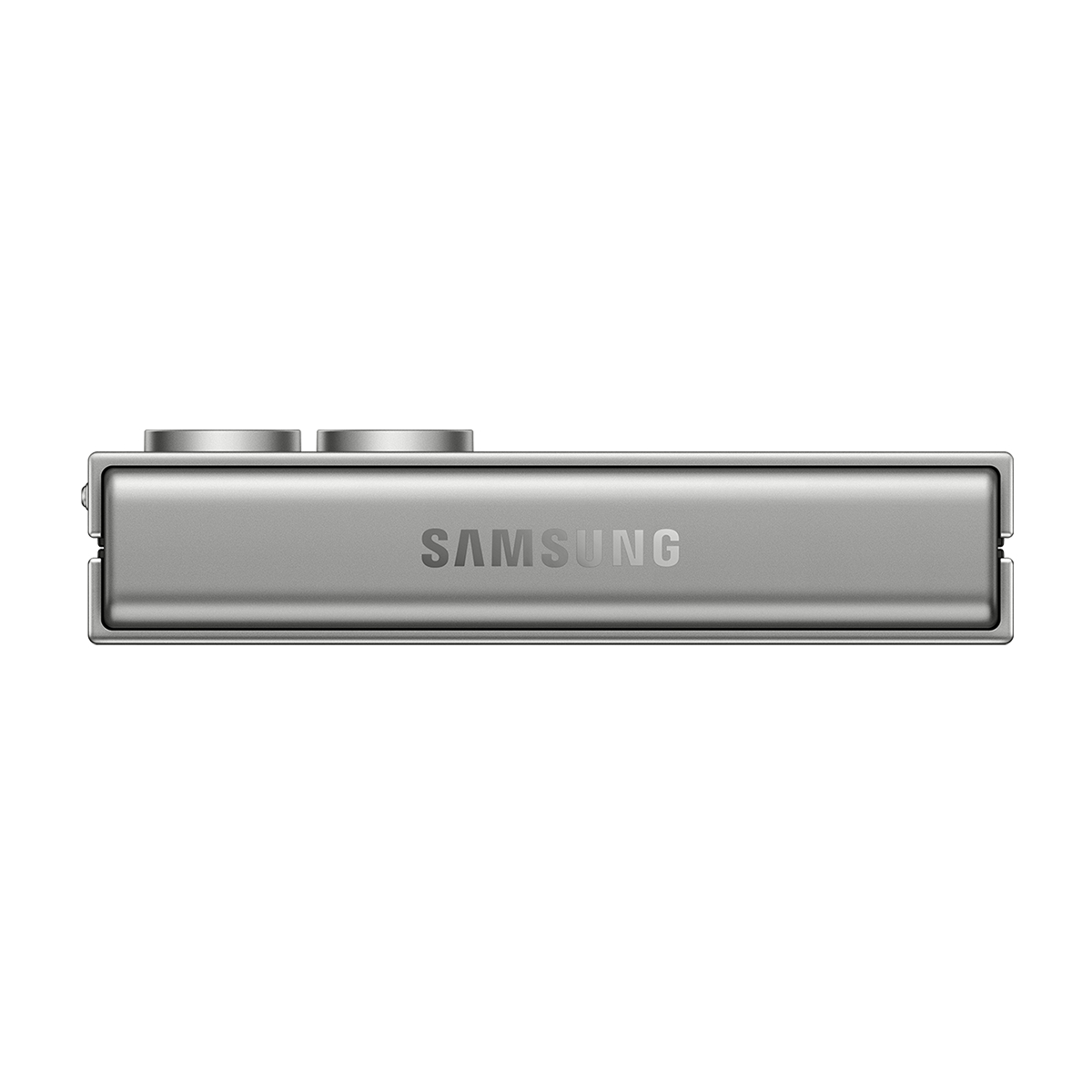 Gümüş renkli, dikdörtgen Samsung cihazı, üstte iki yuvarlak düğme var. Samsung logosu ortalanmış.