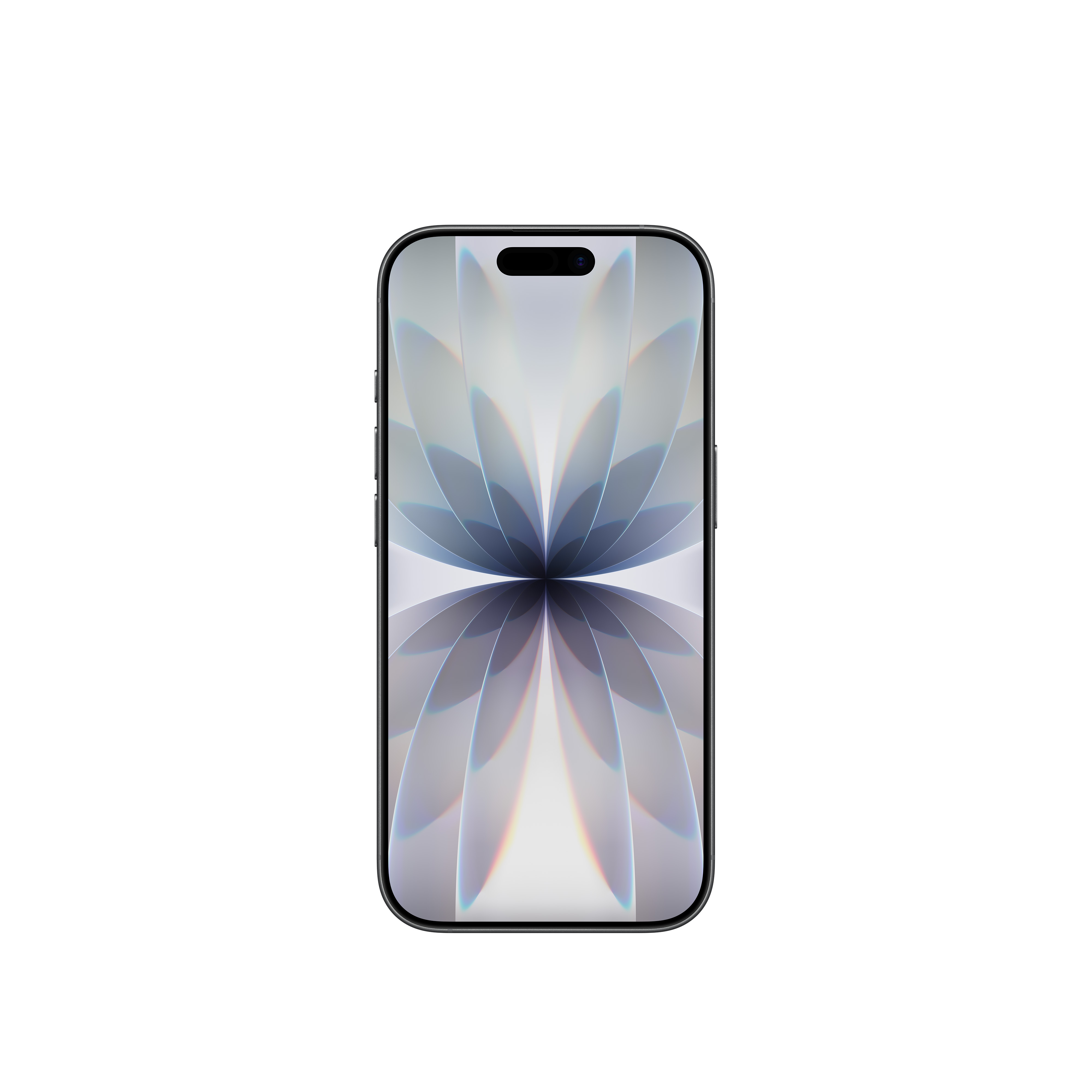 Uno smartphone con cornice nera e schermo con design floreale bianco e blu su sfondo bianco.
