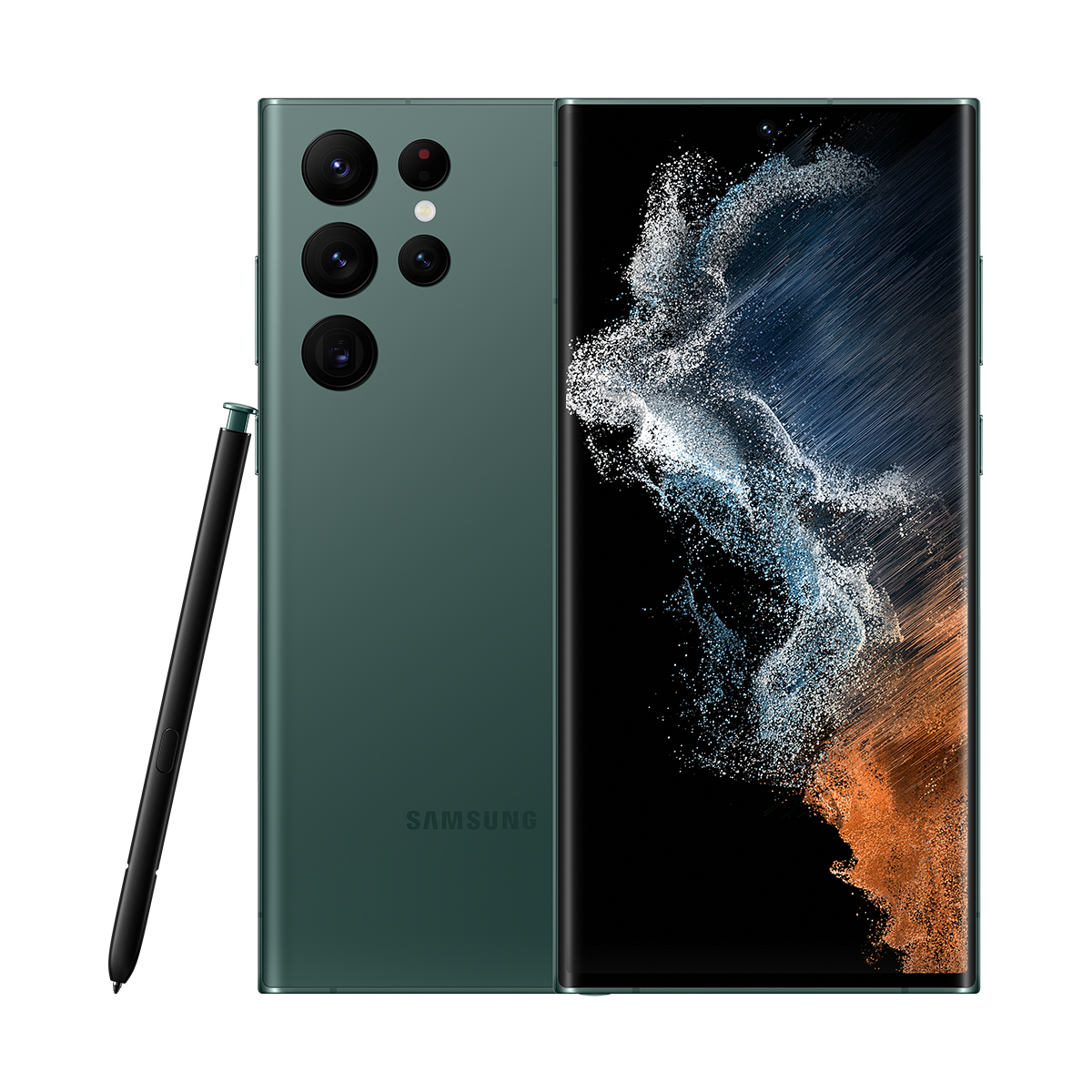 Styluslu yeşil Samsung akıllı telefon. Arkada çoklu kamera. Ekran soyut renkler gösteriyor. Beyaz zemin.