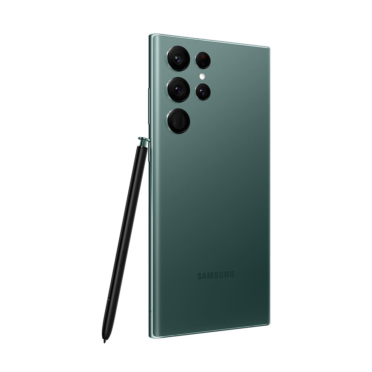 Siyah bir kalemle yeşil bir Samsung telefon. Telefondaki çoklu kamera lensleri ve Samsung logosu görünür.