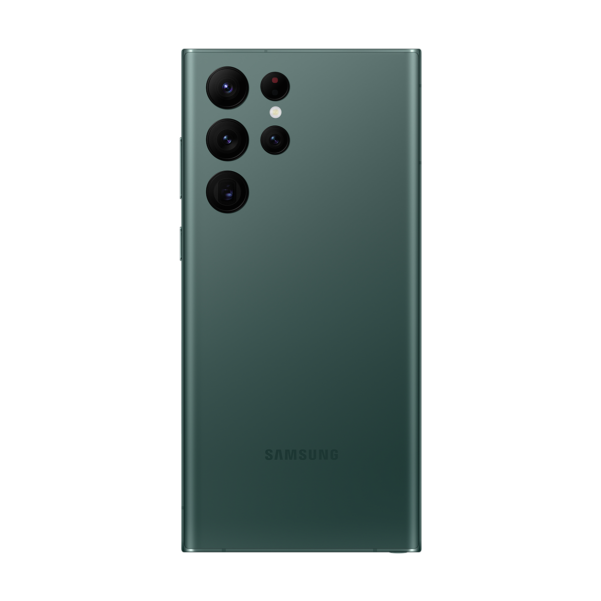 Dört kameralı, Samsung logolu koyu yeşil akıllı telefonun arkası.