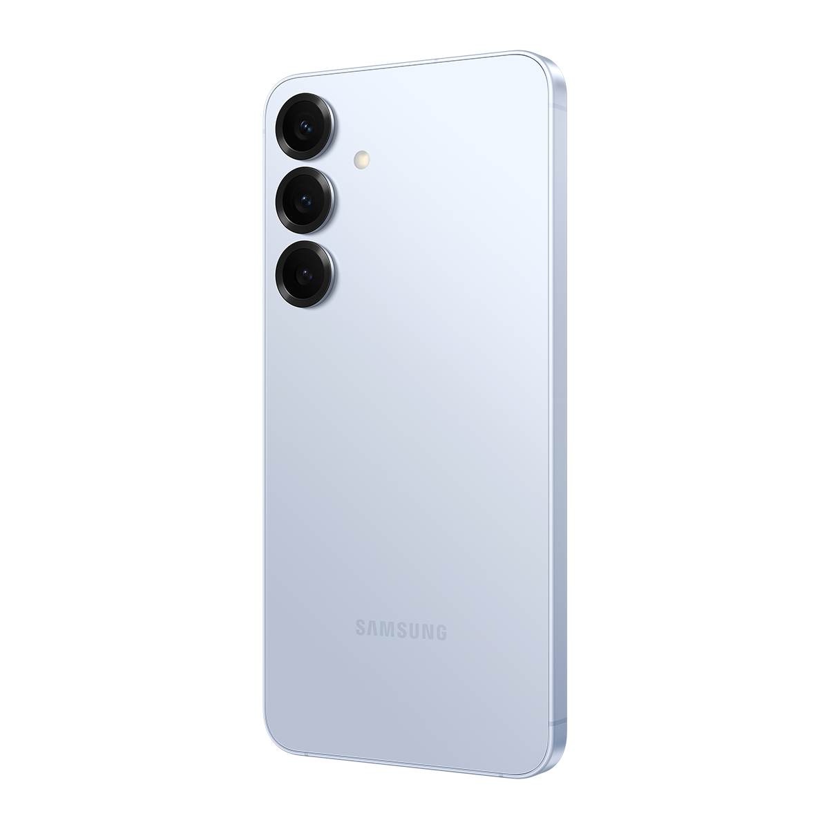 Arkadan görünen, açık mavi bir Samsung akıllı telefon. Üç dikey olarak istiflenmiş kamera merceği ve bir Samsung logosu var.
