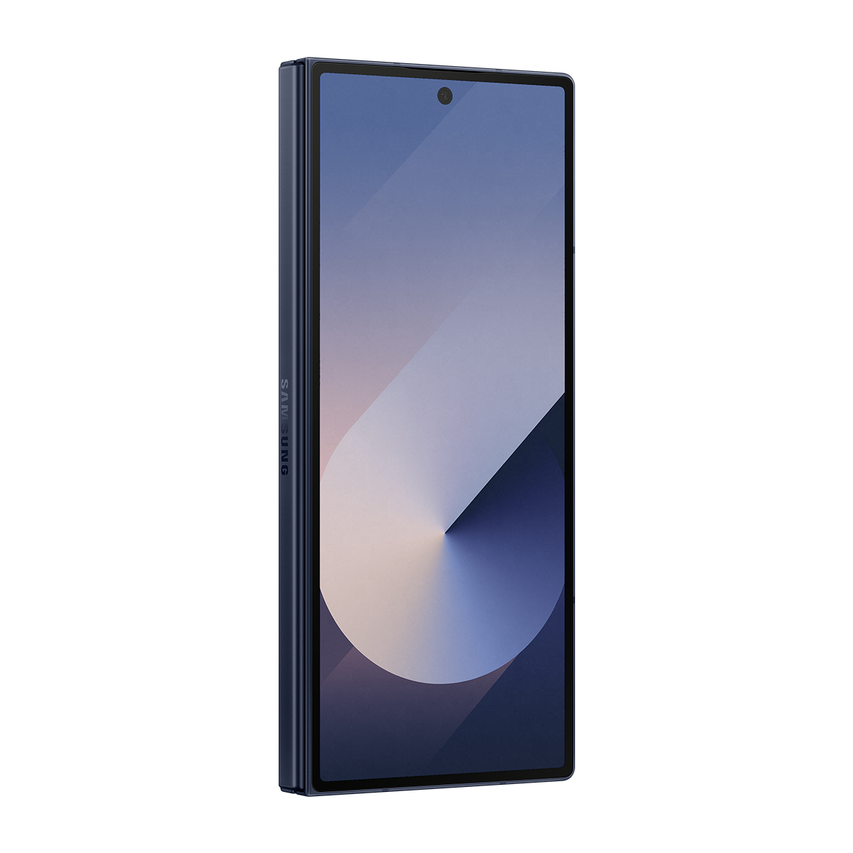 Lacivert renkli bir Samsung katlanabilir telefon görüntüleniyor, ekranında degrade tasarım ve Samsung logosu görülüyor.
