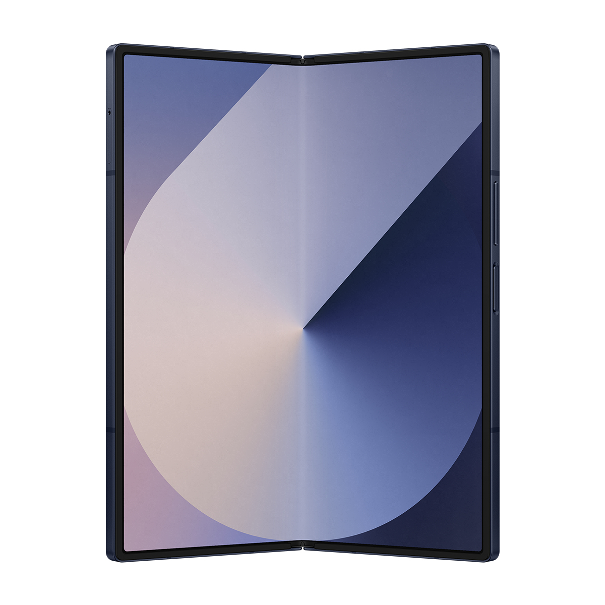 Beyaz, pembe ve koyu maviden oluşan degrade ekrana sahip mavi katlanabilir tablet. Cihaz açık, ekranı gösteriyor.
