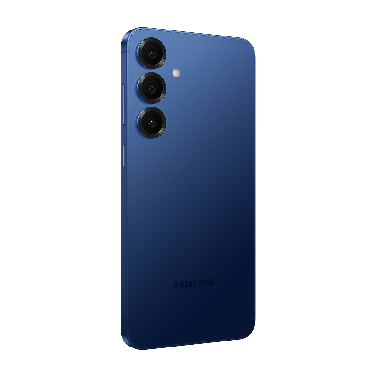 Mavi bir Samsung telefonun arkası. Üç kamera lensi ve bir flaş var. Samsung logosu altta.