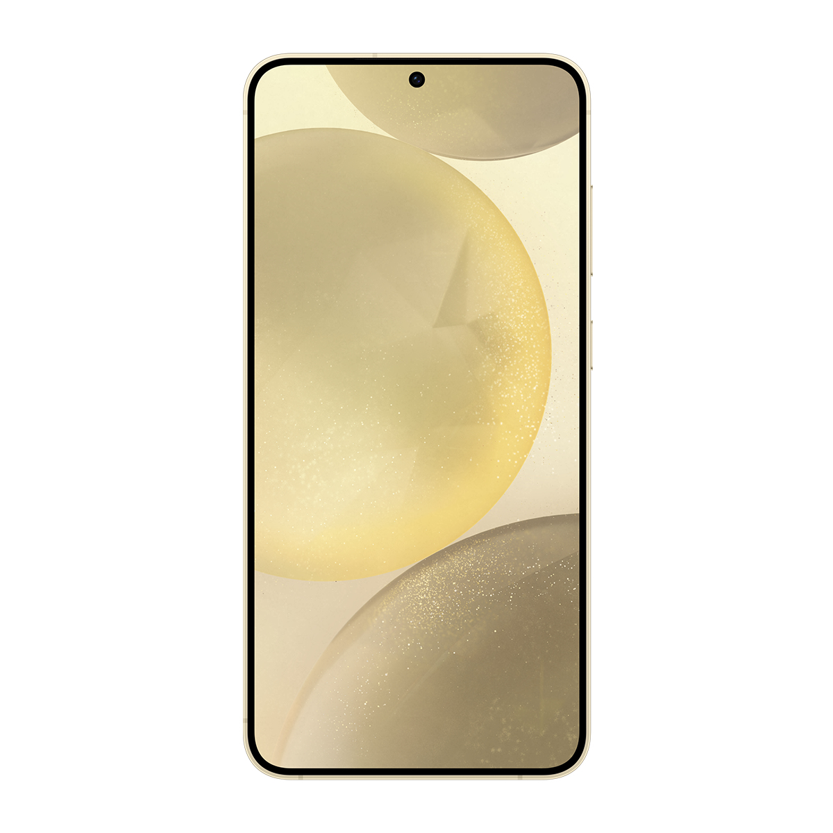 Altın çerçeveli bir akıllı telefon, açık renkli bir arka plan üzerinde soyut altın küreler sergiliyor.