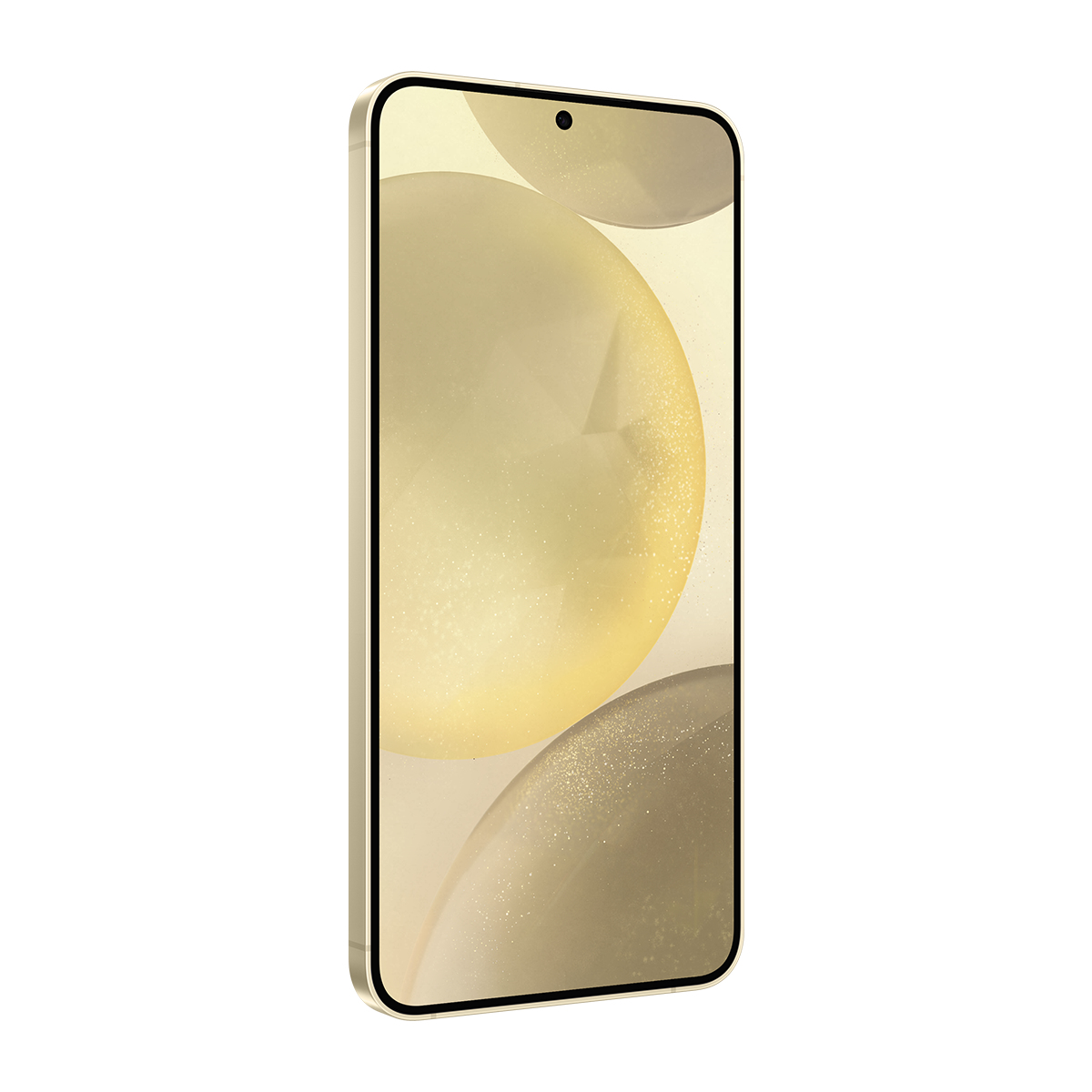 Soyut altın küreler gösteren siyah ekranlı altın bir akıllı telefon. Telefon hafif açılı, üstte siyah bir nokta var.