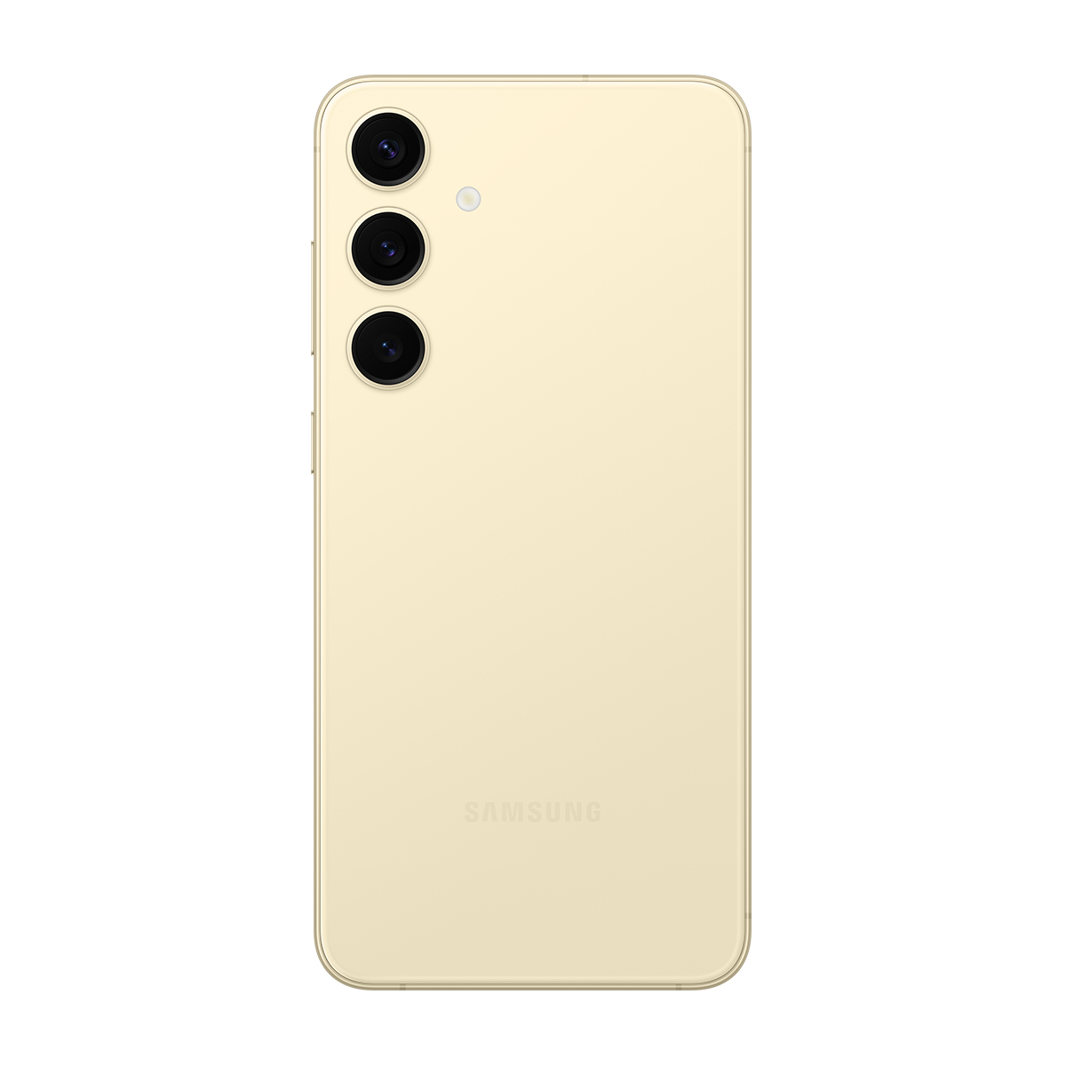 Altın rengi bir akıllı telefonun arkası. Üç dikey olarak istiflenmiş kamera merceği, bir flaş ve Samsung logosu var.