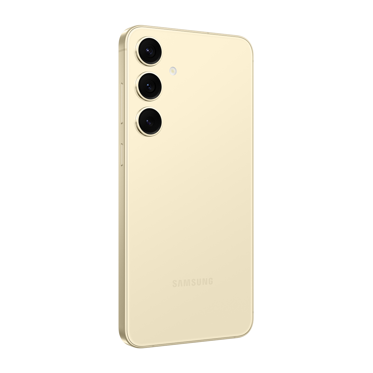Altın renkli bir Samsung telefon, arka görünüm. Üç dikey hizalı kamera lensi ve Samsung logosu var.