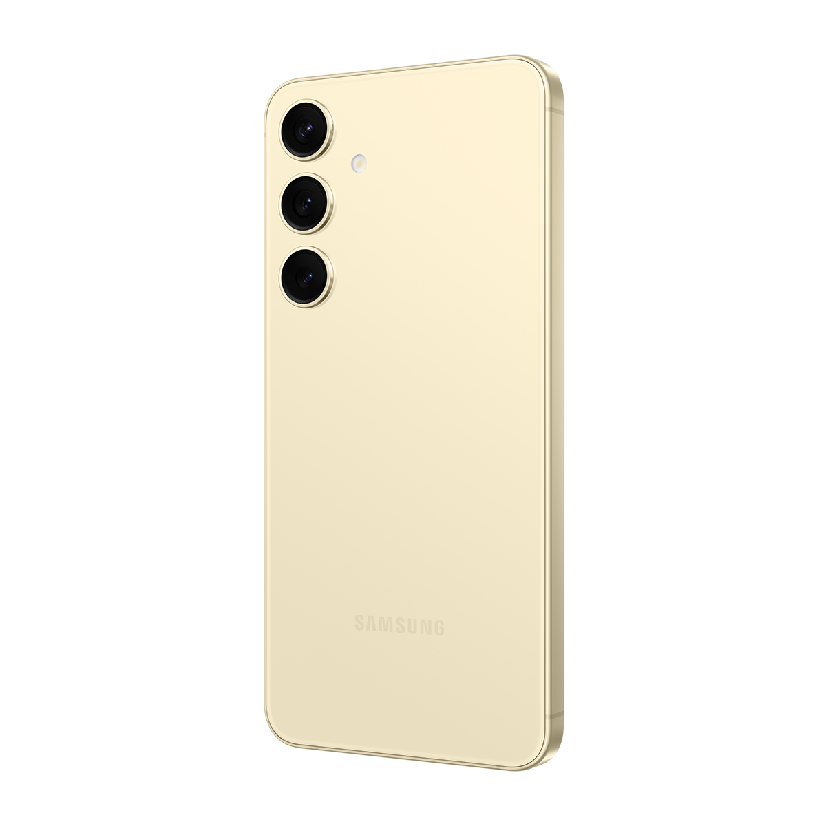 Altın rengi bir Samsung akıllı telefon, arka görünüm. Dikey olarak hizalanmış üç kamera lensi ve Samsung logosu var. Arka plan beyaz.