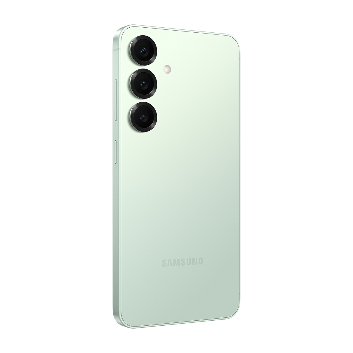 Nane yeşili bir Samsung telefon. Arka tarafında üç kamera lensi ve bir flaş, altta Samsung logosu var.