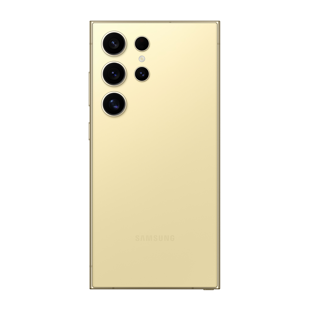 Altın rengi bir Samsung telefonun arkası. Birden fazla kamera lensi ve Samsung logosu var. Telefon beyaz bir arka plan üzerinde.