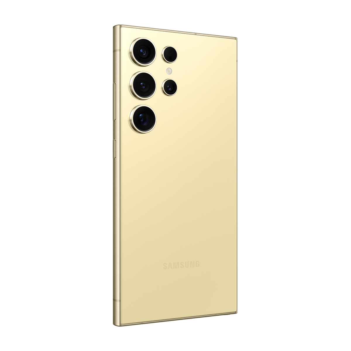 Altın renkli Samsung telefonun arkası. Dört kamera merceği sol üstte. Samsung logosu ortalanmış. Arka plan beyaz.