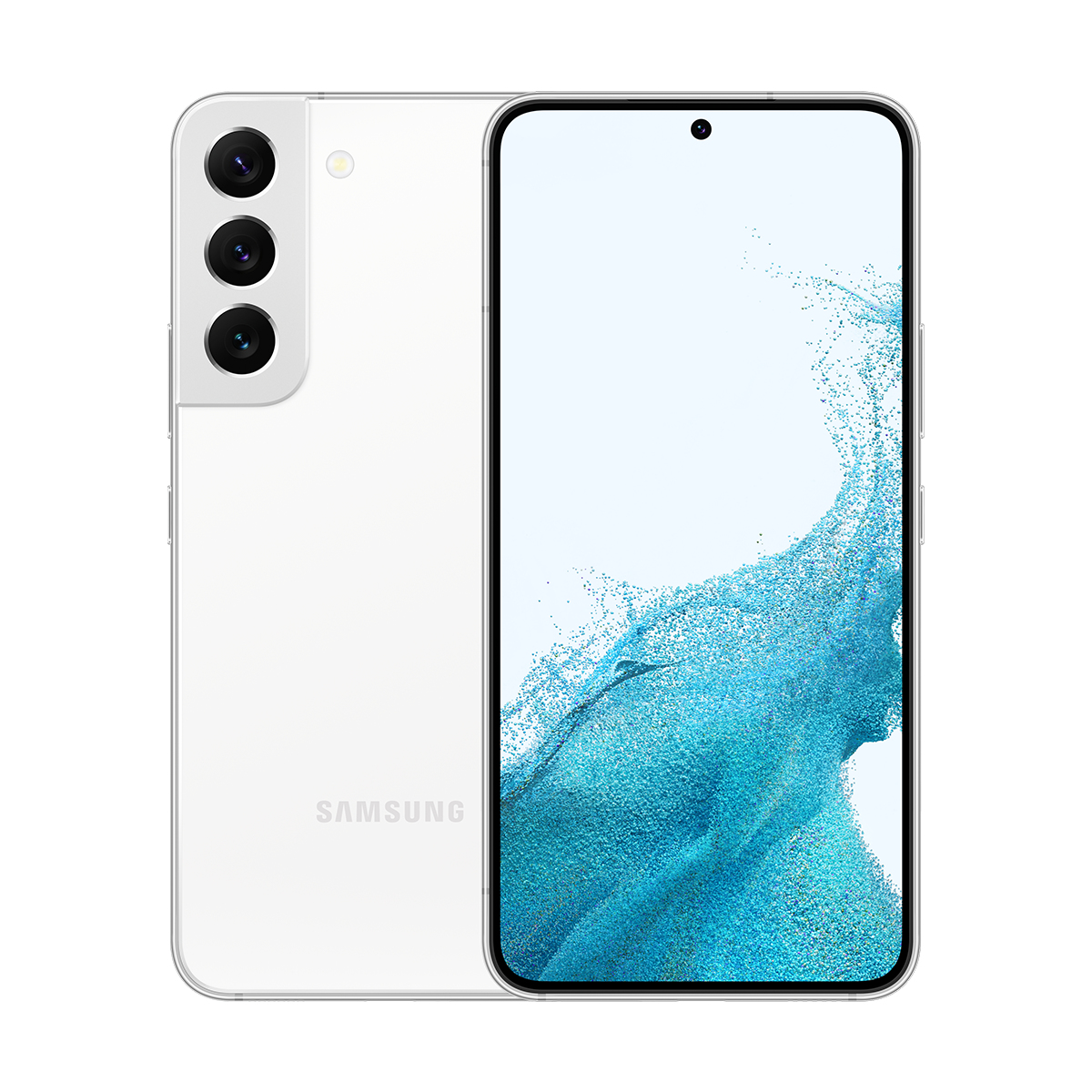 Beyaz Samsung akıllı telefon, üçlü kamera, beyaz zemin üzerinde. Ekran mavi-beyaz soyut bir tasarım gösteriyor.