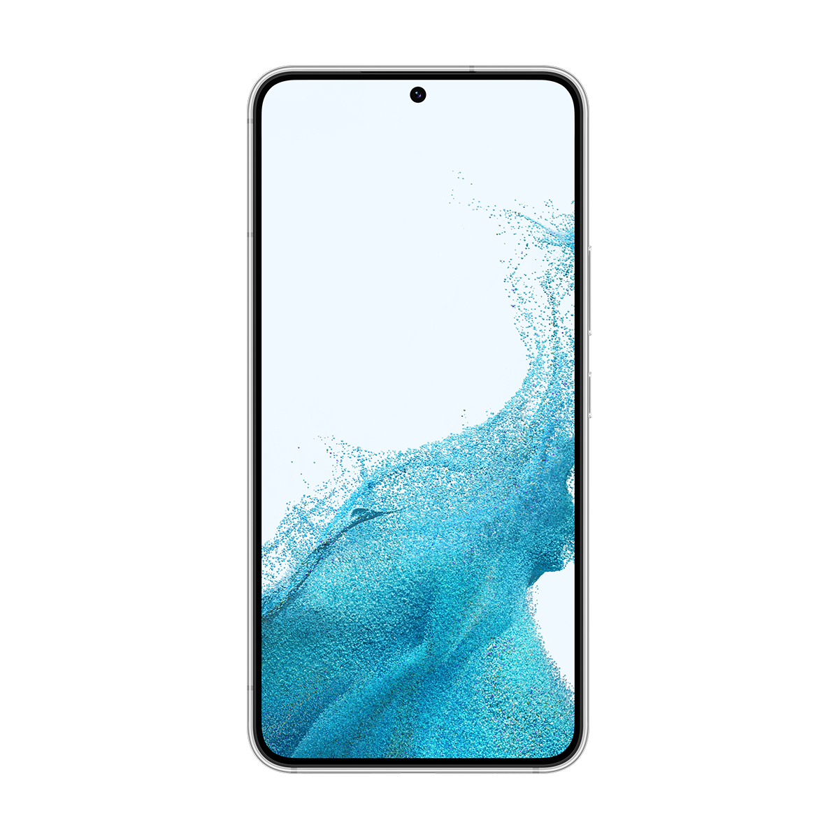 Kavisli ekrana sahip bir akıllı telefon. Ekran, mavi ve beyaz soyut bir tasarım gösteriyor. Telefonun gümüş bir çerçevesi var.
