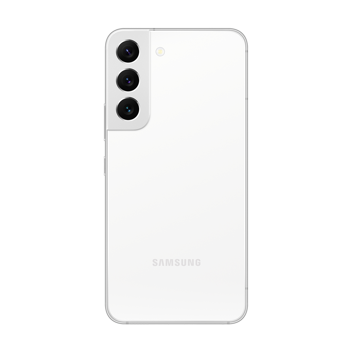 Beyaz Samsung akıllı telefonun arkası. Dikey olarak hizalanmış üç kamera, flaş ve Samsung logosu. Gümüş çerçeve. Temiz beyaz arka plan.
