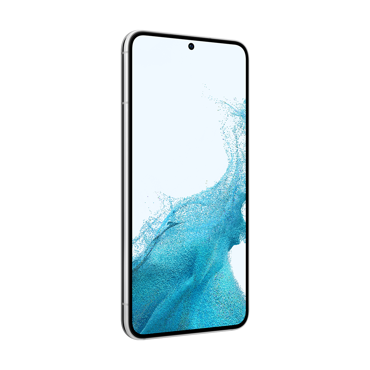 Mavi ve beyaz soyut desenler gösteren beyaz ekranlı gümüş bir akıllı telefon. Telefon açılı.