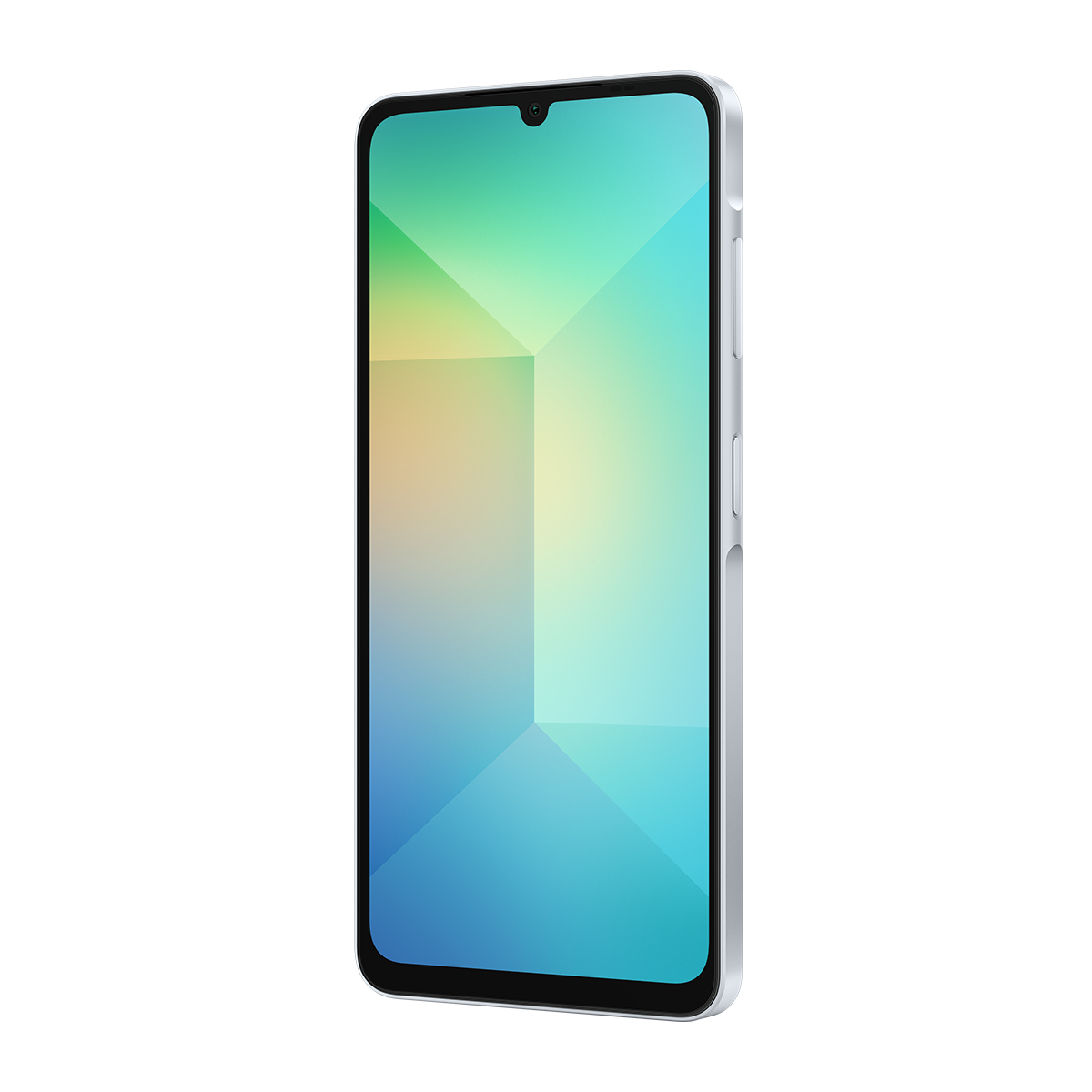 Renkli bir ekrana sahip gümüş bir akıllı telefon. Ekran, mavi, yeşil ve sarı tonlarında geometrik bir tasarım gösteriyor.
