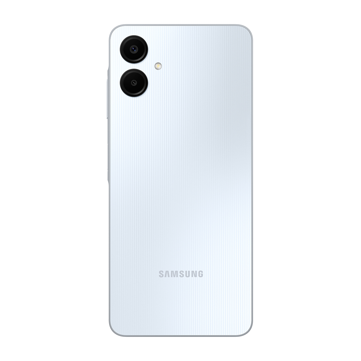 Açık mavi bir Samsung telefonun arkası. Üstte iki kamerası, bir Samsung logosu ve dokulu bir yüzeyi var.