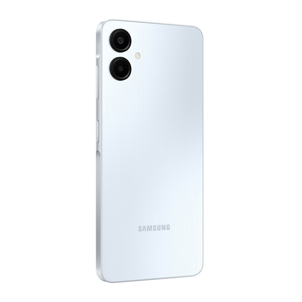 Beyaz bir Samsung akıllı telefon. Dikey bir kamera kurulumuna, dokulu bir arka tarafa ve Samsung logosuna sahip. Telefon sağa doğru açılı.