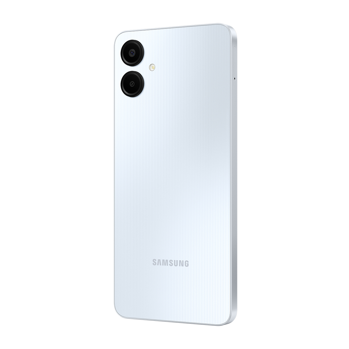 İki kameralı beyaz bir Samsung telefon. Beyaz bir arka plan üzerinde. Arkasında dikey çizgiler var.
