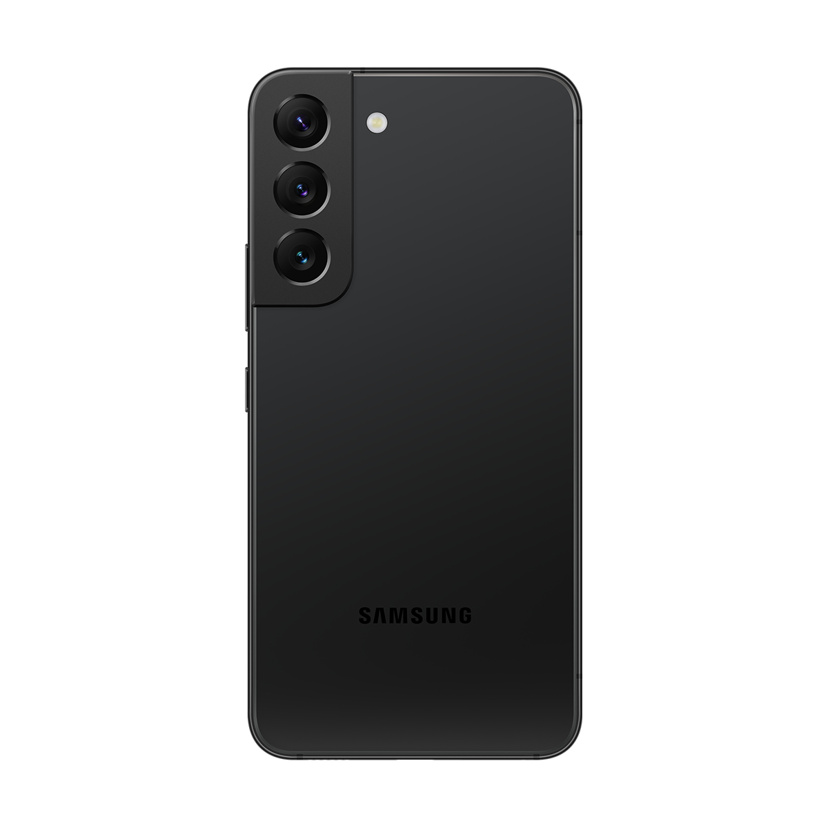 Üç kameralı, flaşlı ve Samsung logolu siyah akıllı telefon arkası. Telefon beyaz bir arka plan üzerinde.