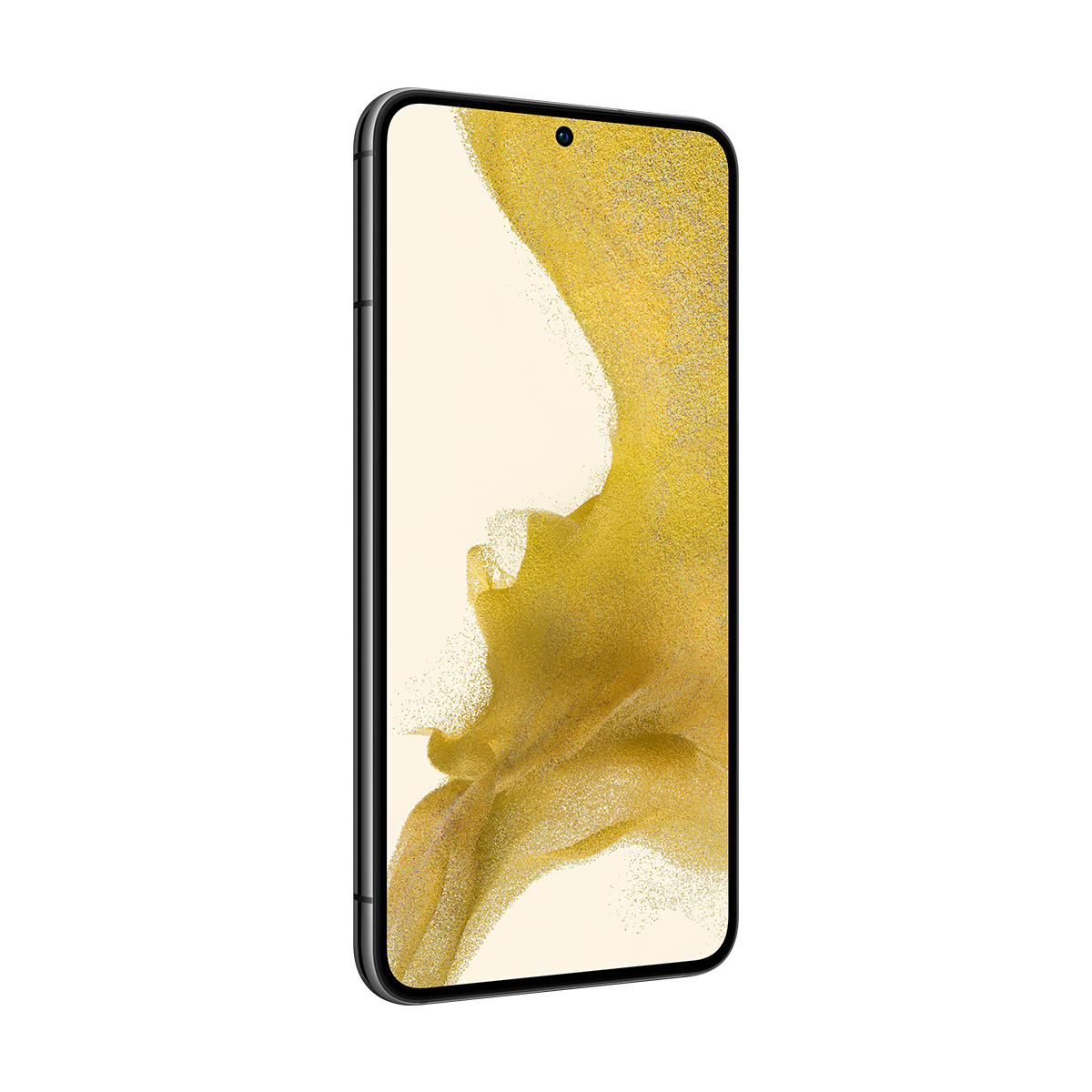 Siyah çerçeveli ve altın rengi, soyut bir tasarım sergileyen ekranlı bir akıllı telefon. Telefon açılı, yan profilini gösteriyor.