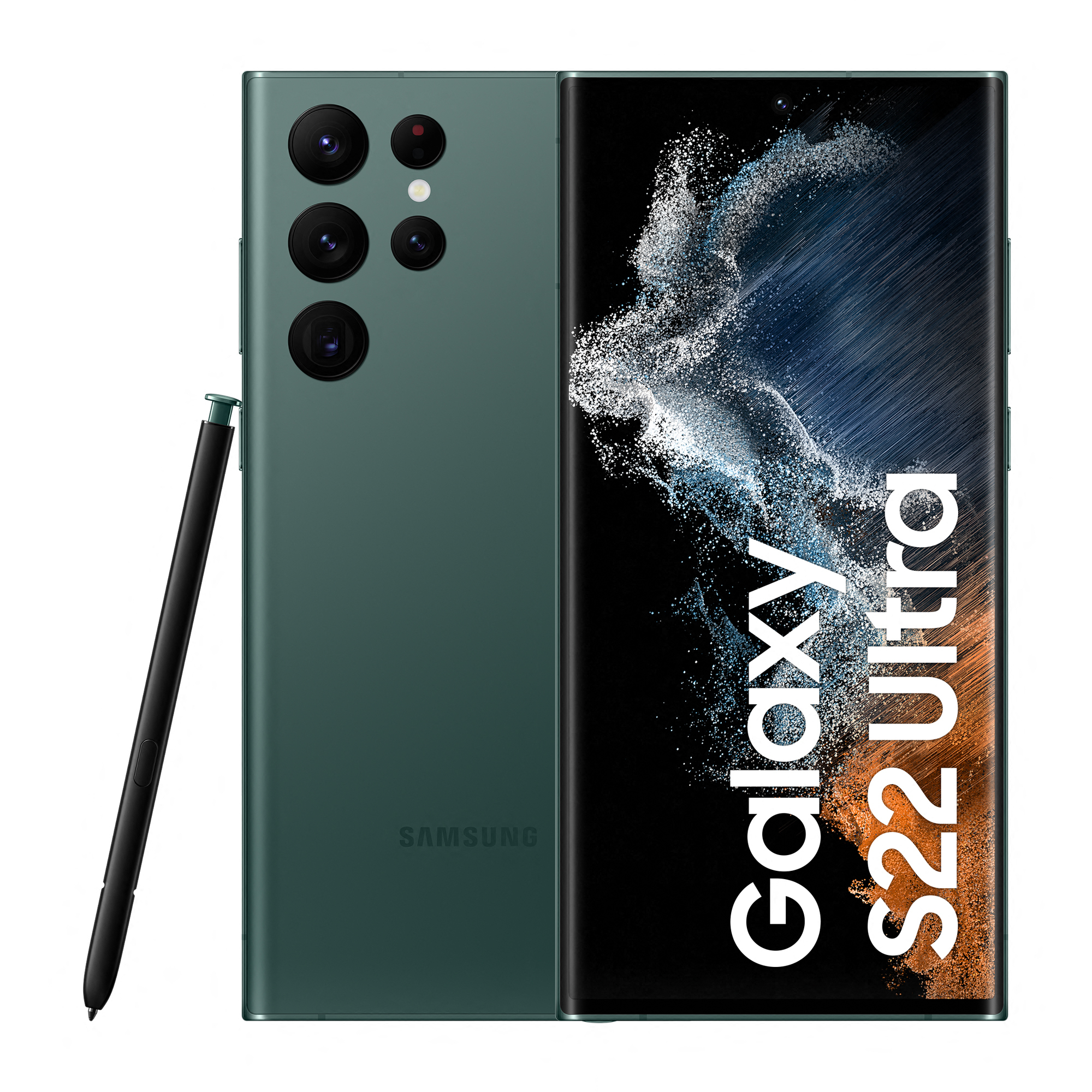 Yeşil Samsung Galaxy S22 Ultra akıllı telefon, bir kalemle. Ekranda telefonun adı yazıyor. Arkada çoklu kamera var.