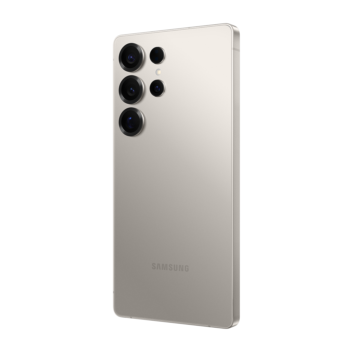 Bej rengi bir Samsung telefon, arka görünüm, çoklu kamera lensleri ve Samsung logosu gösteriyor. Telefon beyaz bir arka plan üzerinde.