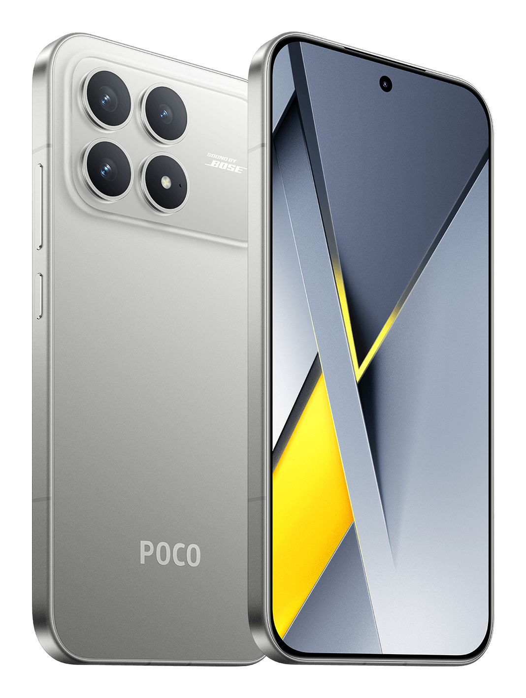 Srebrny smartfon Poco. Zestaw czterech aparatów, branding Bose. Ekran pokazuje abstrakcyjny design z żółtym i szarym. Logo 'Poco'.