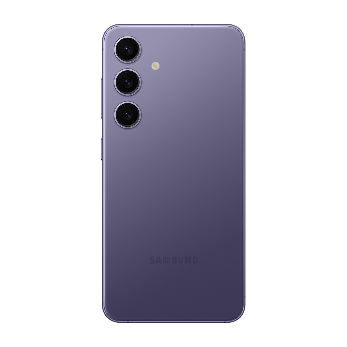 Mor renkli bir Samsung telefonun arkası. Dikey olarak hizalanmış üç kamera merceği, bir flaş ve Samsung logosu var.