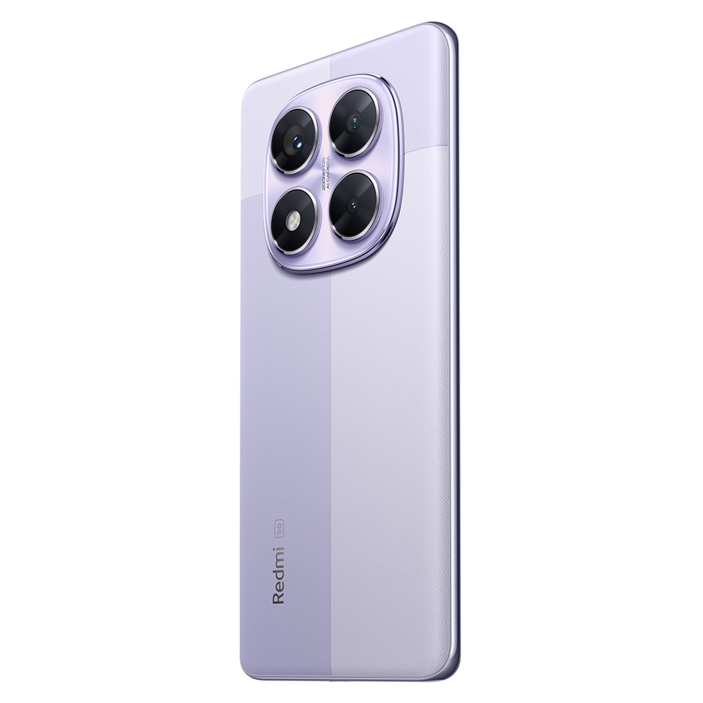 Lawendowy smartfon z czterema tylnymi aparatami. Widoczne logo Redmi i 5G. Tył telefonu ma dwutonowy design.