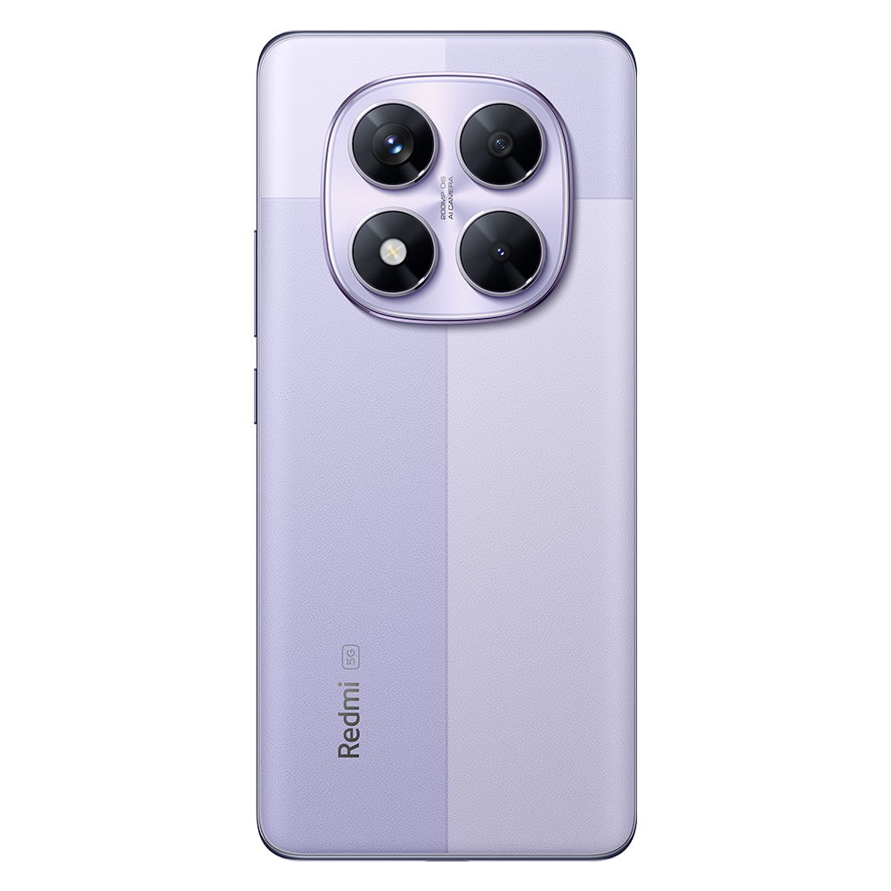 Fioletowy tył smartfona z czterema obiektywami. Widoczne logo Redmi i 5G. Dwutonowa konstrukcja.