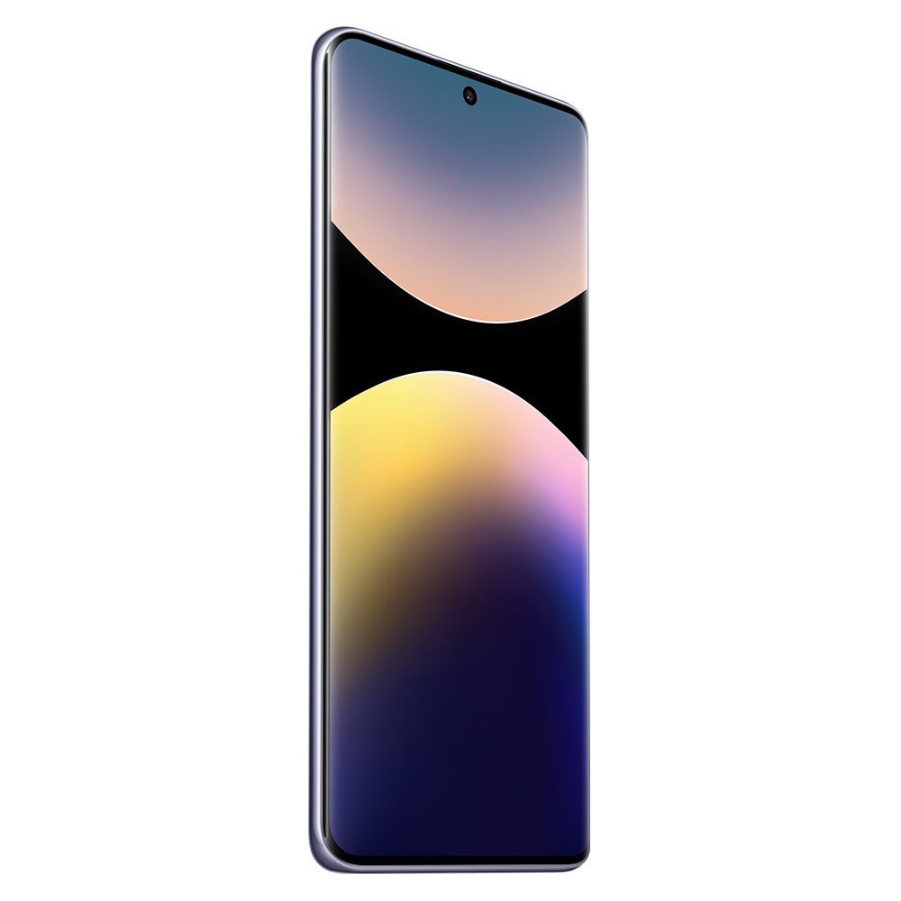 Smartfon z zakrzywionym ekranem. Wyświetlacz pokazuje kolorowy gradient pomarańczowego, żółtego i niebieskiego. Telefon ma ciemnoniebieską ramkę.