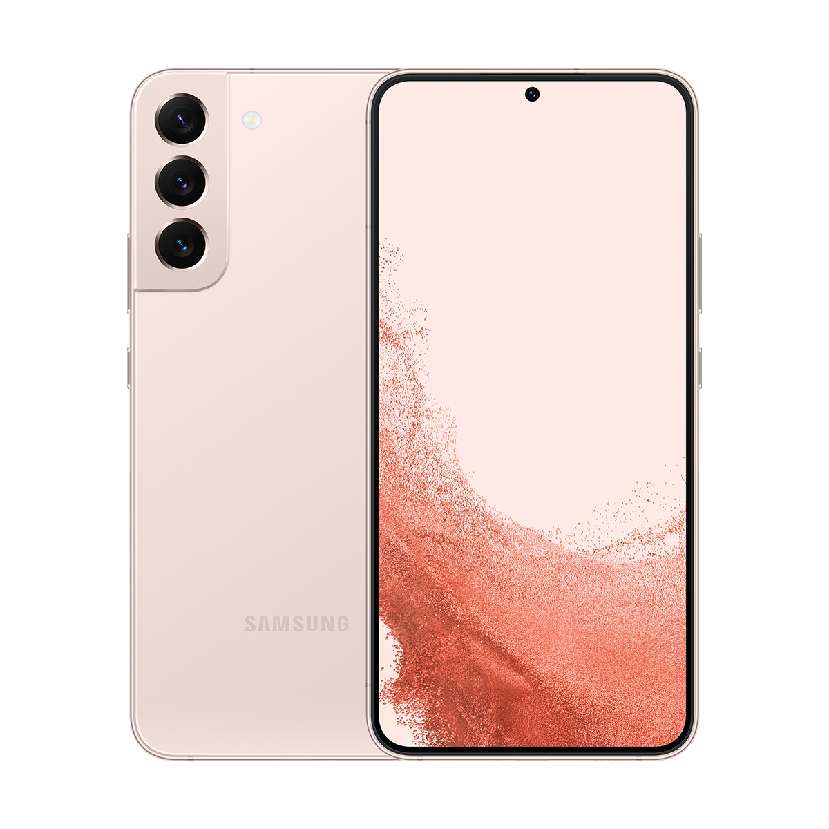 Pembe renkli bir Samsung akıllı telefon gösteriliyor. Ön tarafında bir ekran, arkasında kameralar var. Arka plan beyazdır.