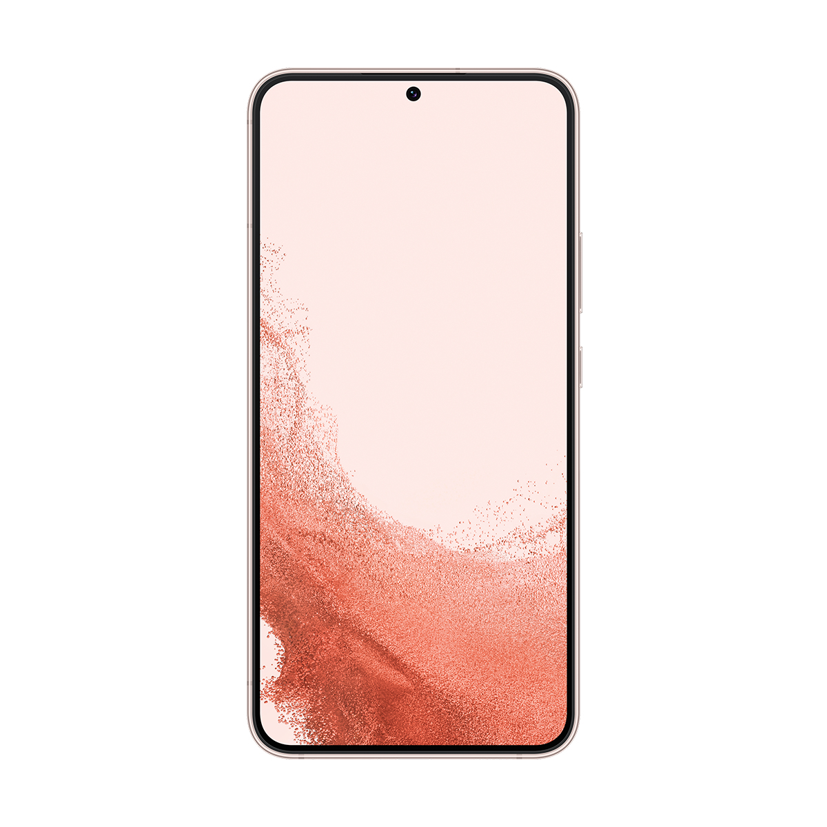 Açık pembe ekranlı, üstte siyah noktalı ve metal çerçeveli bir akıllı telefon. Ekranın altında mercan rengi bir tasarım bulunuyor.