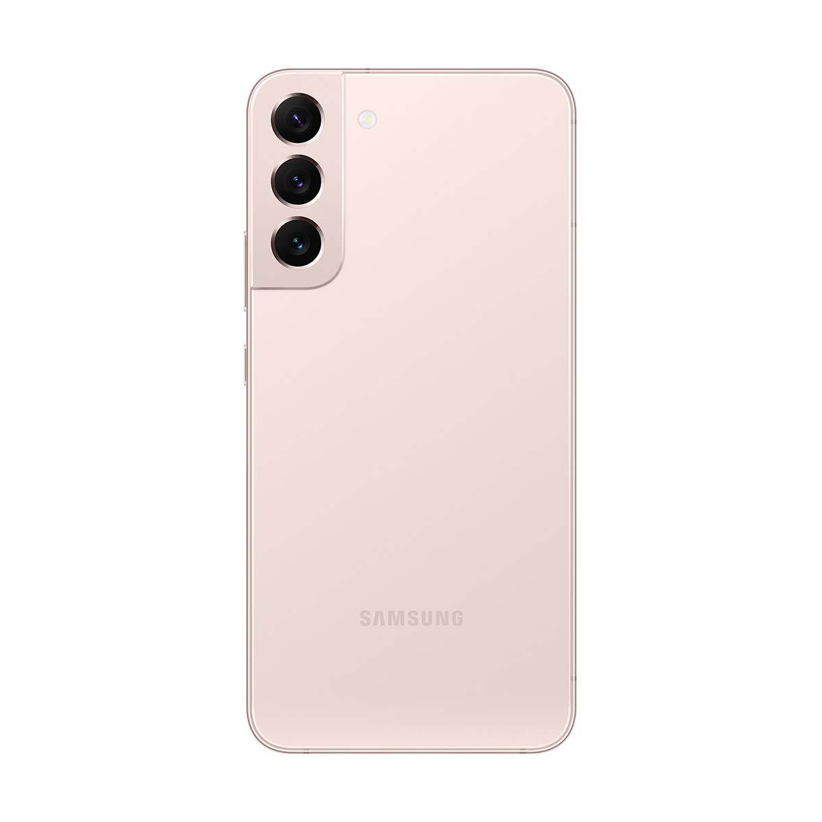 Gül altın rengi bir akıllı telefon, arka görünüm. Üç dikey hizalı kamerası ve bir SAMSUNG logosu var. Arka plan beyaz.