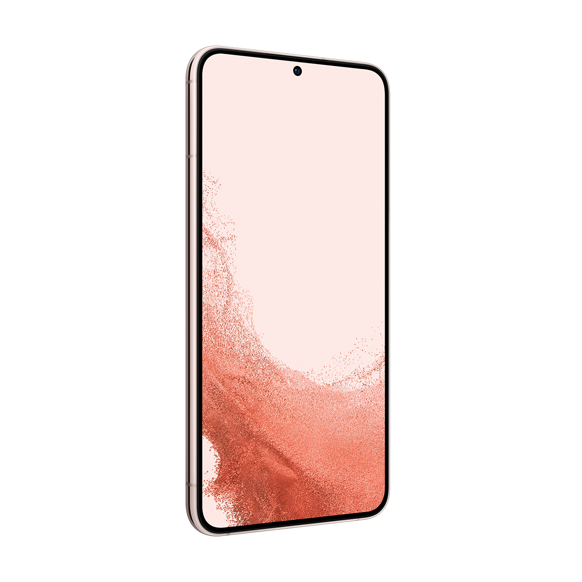 Hafif açılı, gül altın rengi bir akıllı telefon. Ekran, mercan renkli, dokulu bir tasarım sergiliyor. Telefonun siyah bir çerçevesi ve kamerası var.