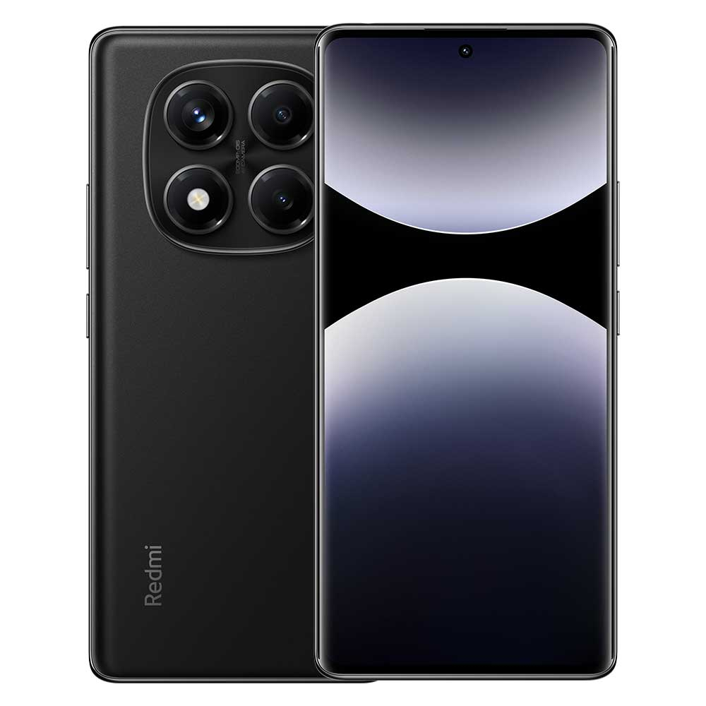 Dört arka kamerası ve kavisli ekranı olan siyah akıllı telefon, bir degrade görüntülüyor. Arkada Redmi logosu.