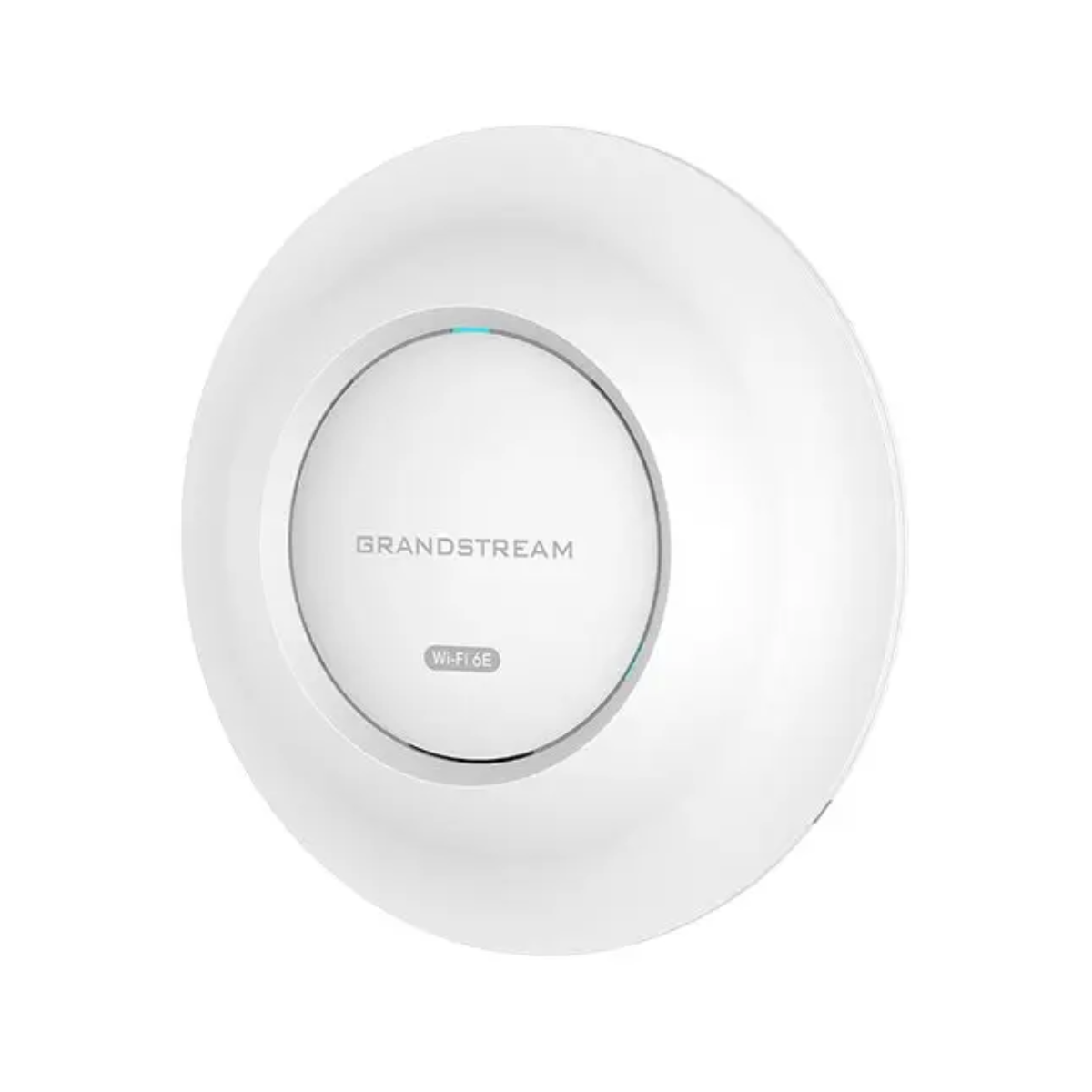 Un access point Wi-Fi 6E Grandstream bianco. Il dispositivo è circolare con un logo centrale e un piccolo testo Wi-Fi 6E.