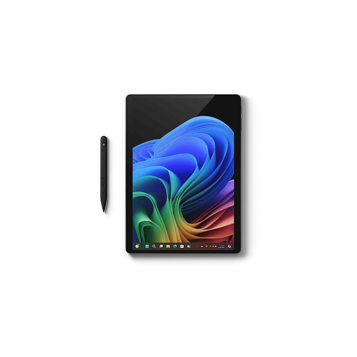 Tablet z kolorową, abstrakcyjną tapetą i czarnym rysikiem na białym tle. Tablet po prawej, rysik po lewej.