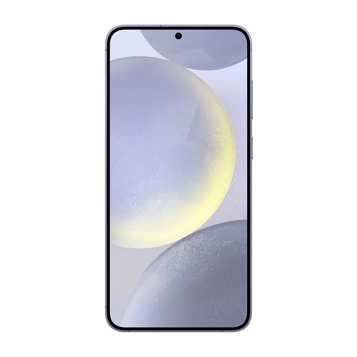 Beyaz bir arka plan üzerinde mor ve sarı tonlarında soyut küreler gösteren bir ekrana sahip bir akıllı telefon.