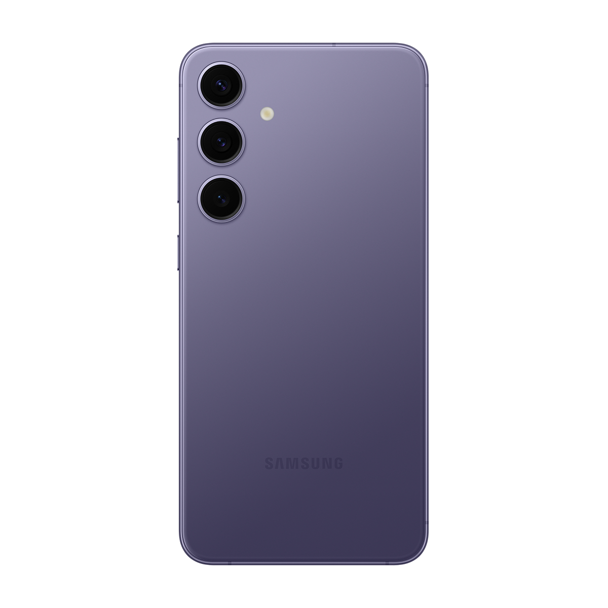 Mor bir akıllı telefonun arkası. Üç kamera lensi sol üstte dikey olarak hizalanmış. SAMSUNG marka adı altta.
